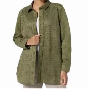Isaac Mizrahi Live Suede Feel Shirt Jacket Woman 1X XL Perforated Drab Green Y2k